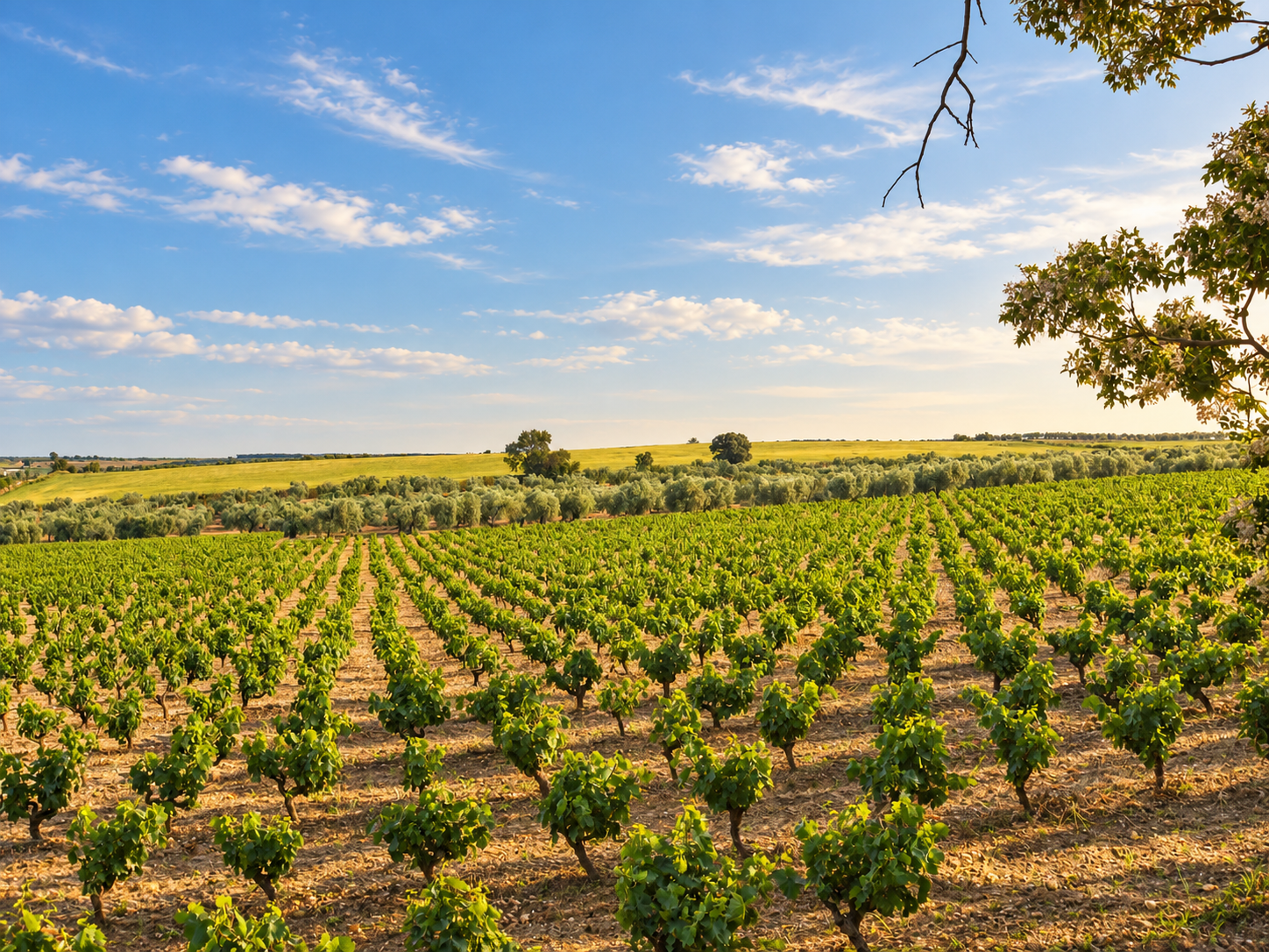 Weinberge, Olivenhaine und Felder bei Bollullos Par del Condado, Huelva, in warmem Sonnenlicht